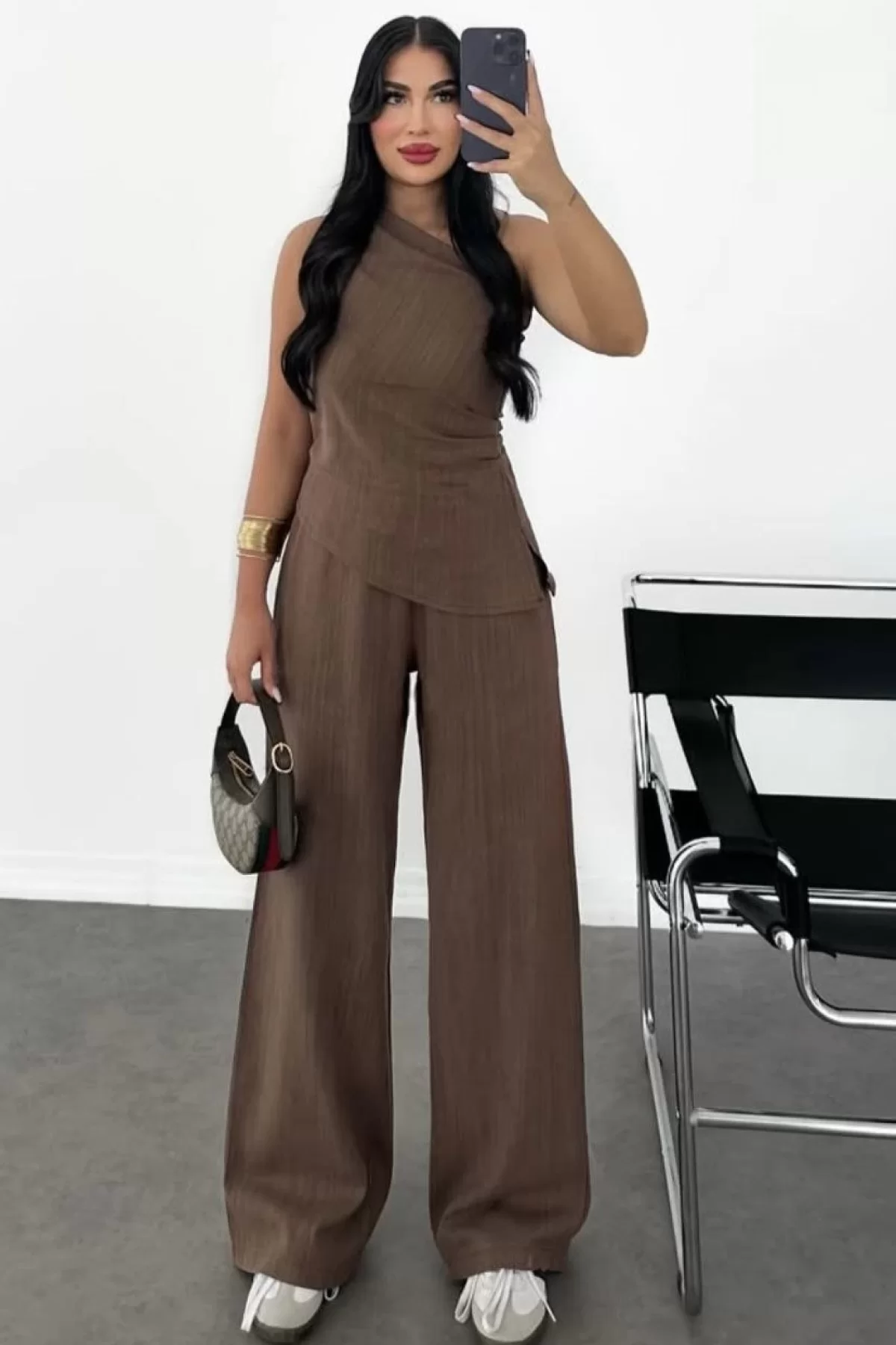 Kadın Keten Asimetrik Tek Omuzlu Bluz Pantalon Takım- Kahverengi