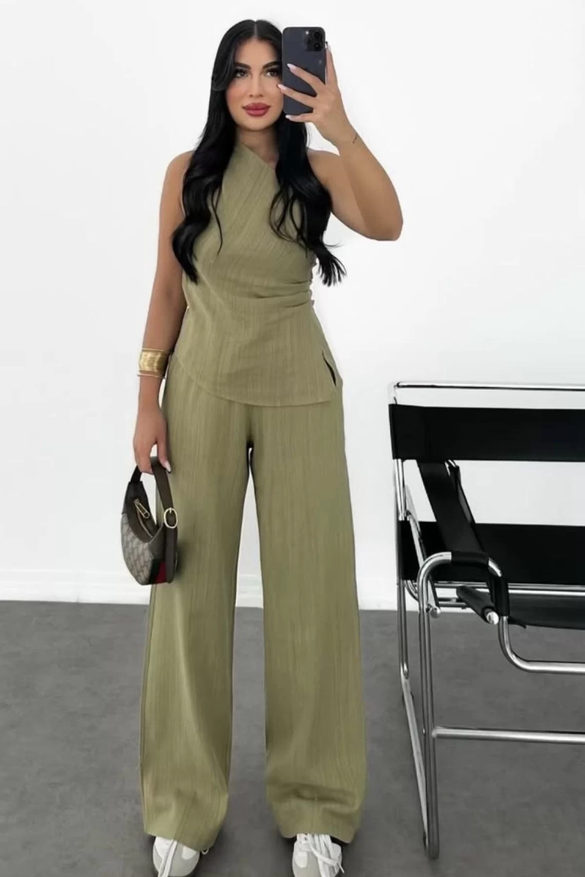 Kadın Keten Asimetrik Tek Omuzlu Bluz Pantalon Takım- Su Yeşili