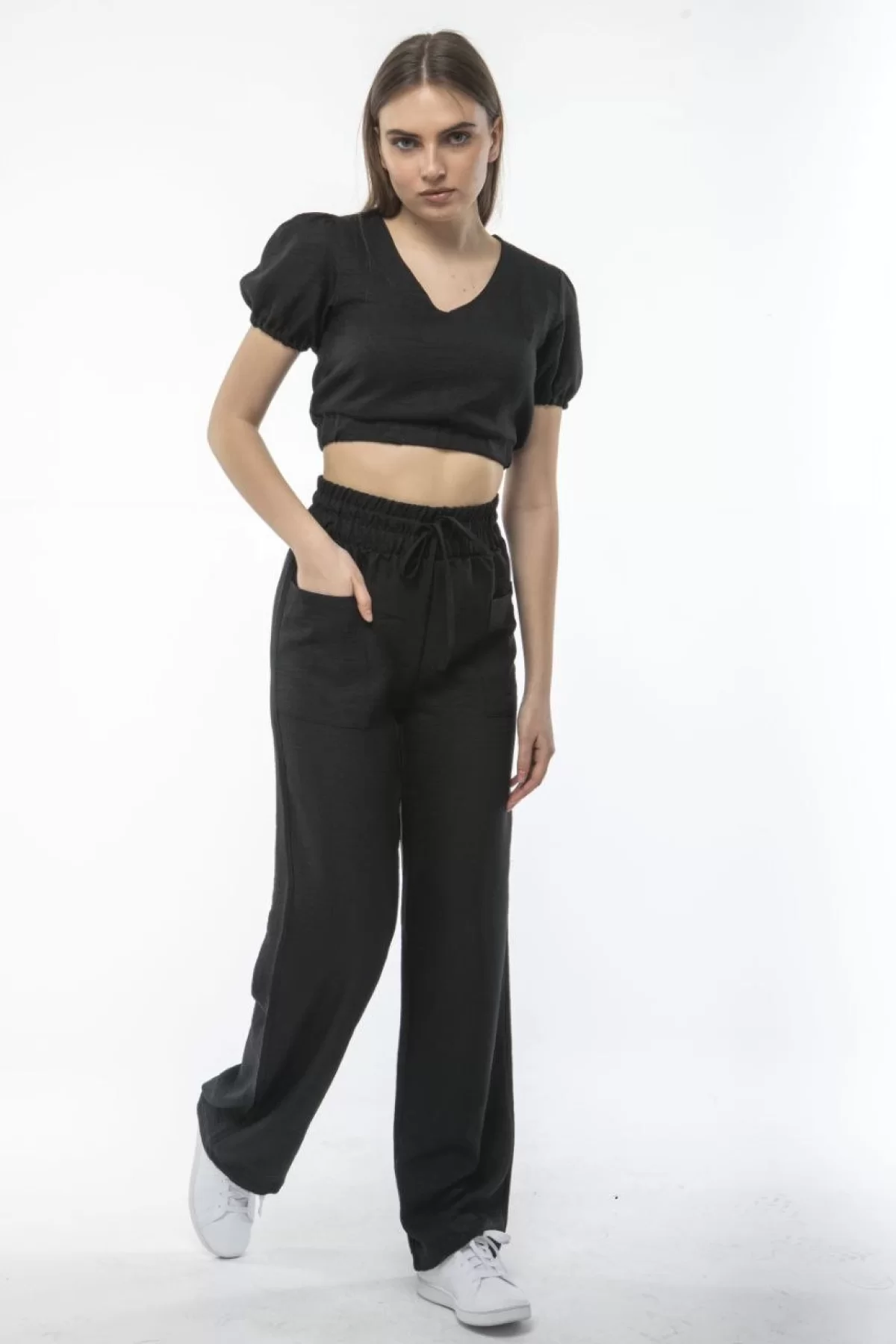 Kadin Keten Pantalon ve Crop Takım - Siyah