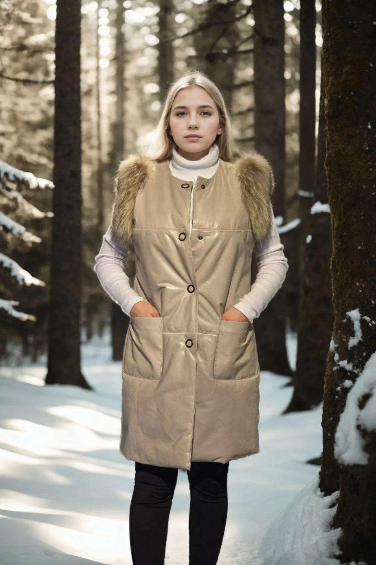 Kadın Kolsuz Hakiki Deri Kürk - Krem