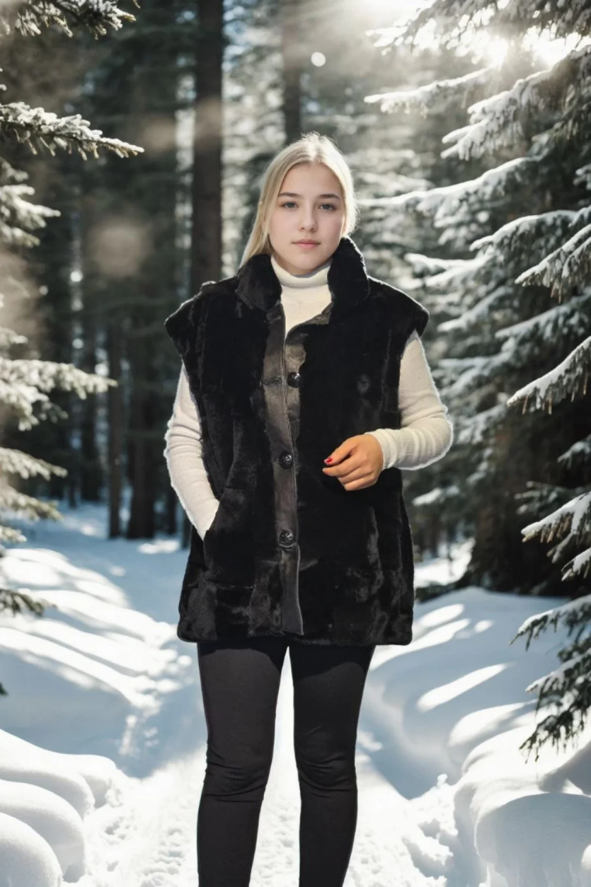 Kadın Kolsuz Hakiki Yelek - Siyah