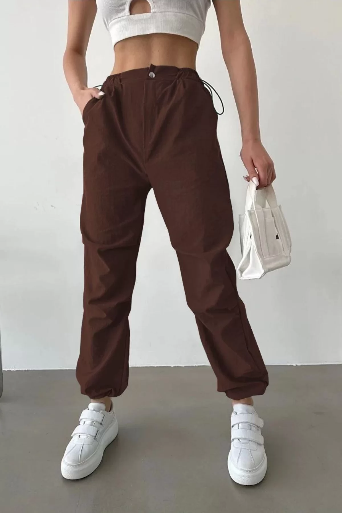 Kadın Paraşüt Kumaş Beli Lastikli Pantalon - Kahverengi