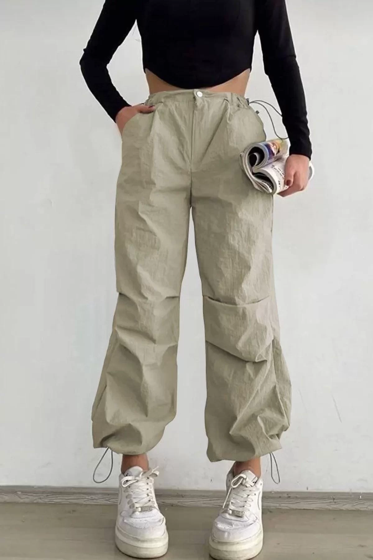 Kadın Paraşüt Kumaş Beli Lastikli Pantalon-Taş