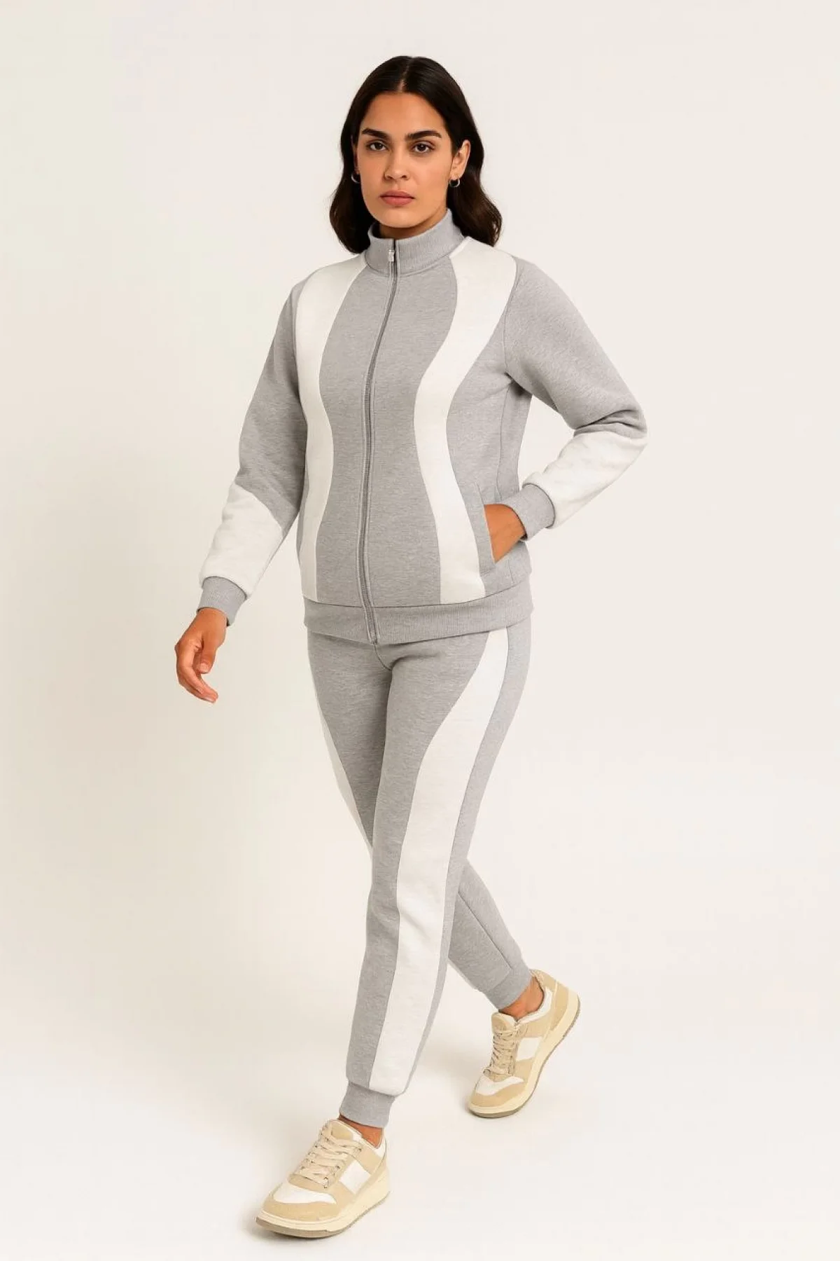 Kadın Premium Parçalı Eşofman Takım - Dik Yaka Fermuarlı Sweatshirt - Gri