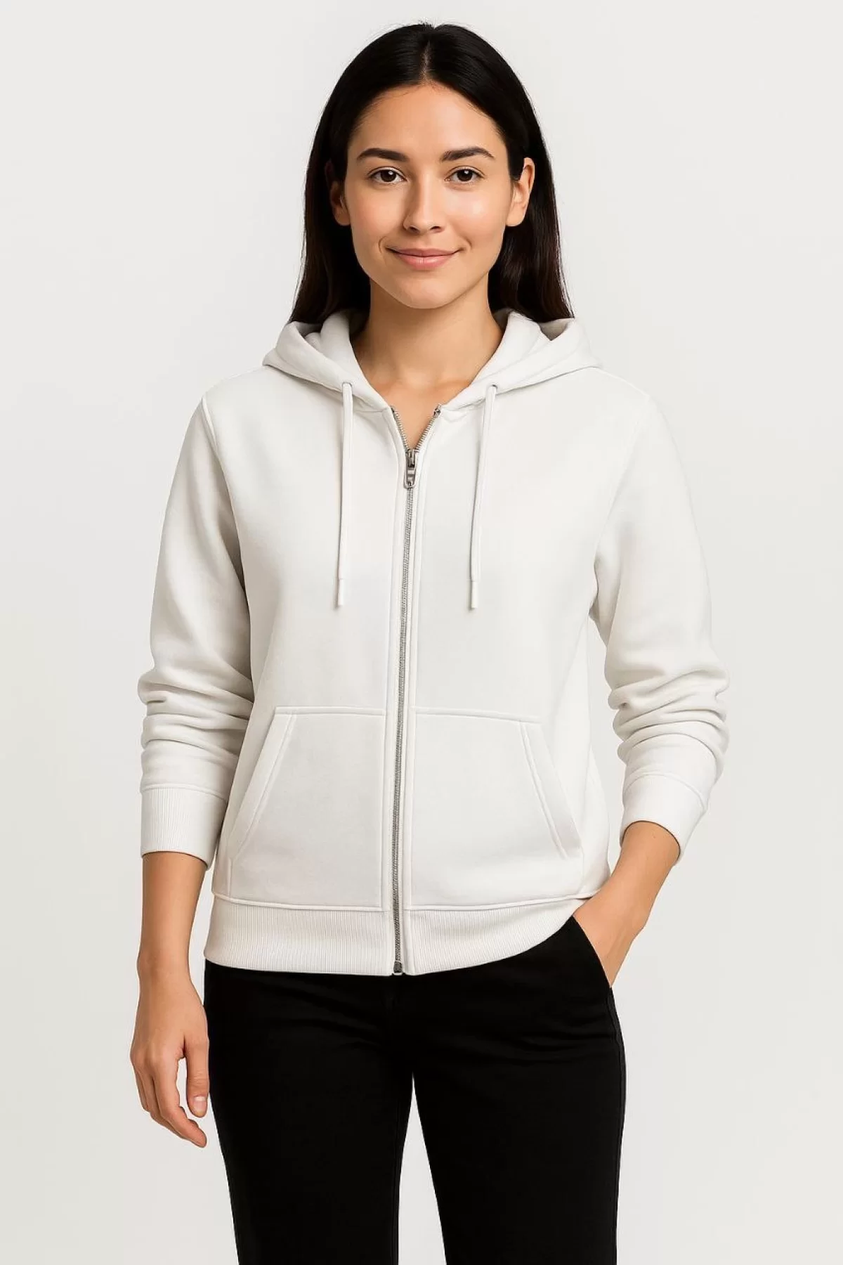 Kadın Üç İplik Kapüşonlu Tam Fermuarlı Kanguru Çepli SweatShirt Hoodie - Beyaz
