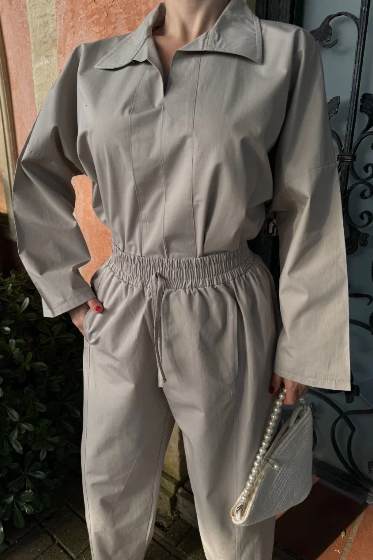 Kadın Uzun Kollu Yakalı Gömlek Pantalon Takım- Gri