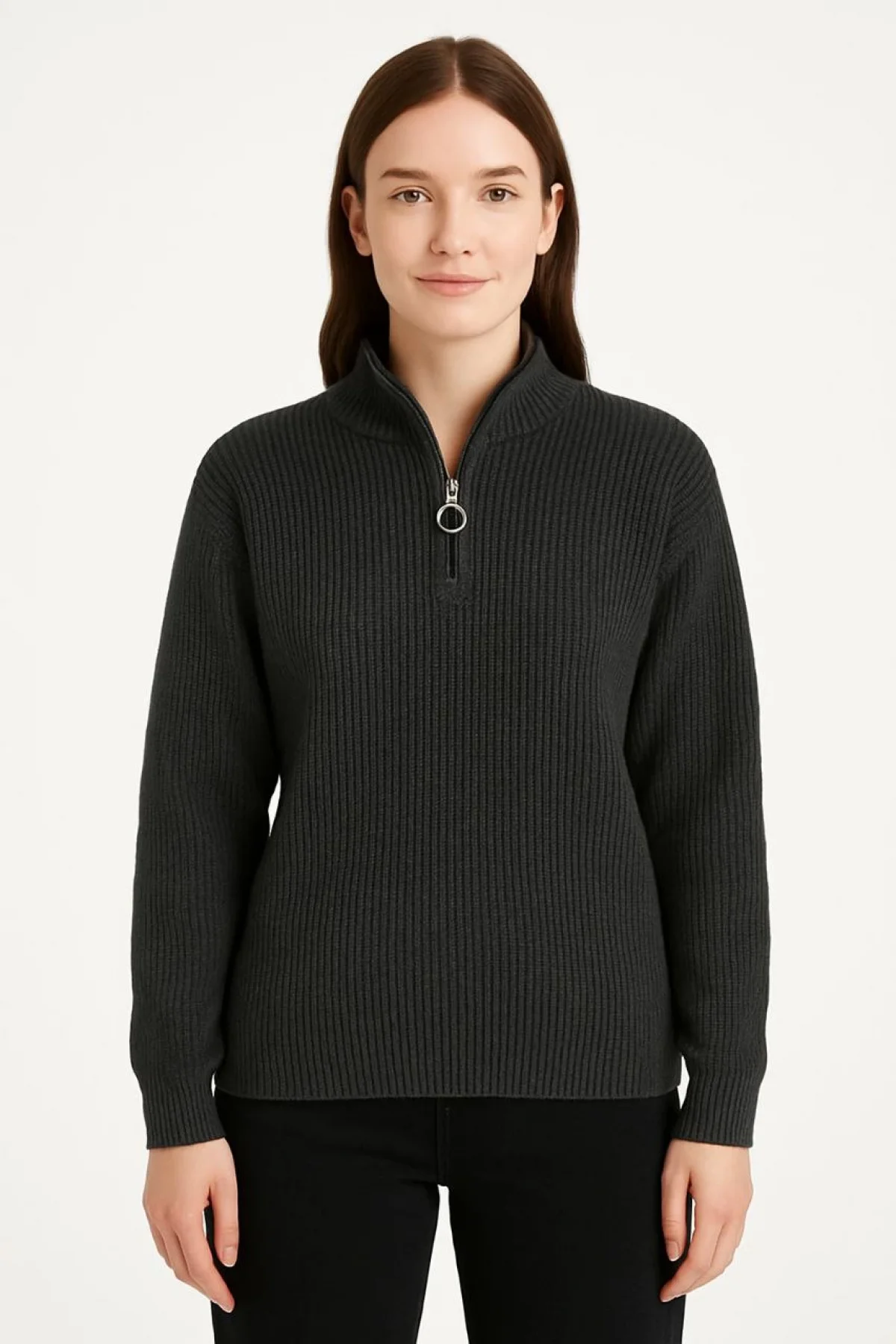 KADIN Yarım Fermuarlı Triko Kazak – Selanik Örgü, Dik Yaka, Pamuklu Dokuma, Oversize Uzun Kollu Kışlık Model - Füme