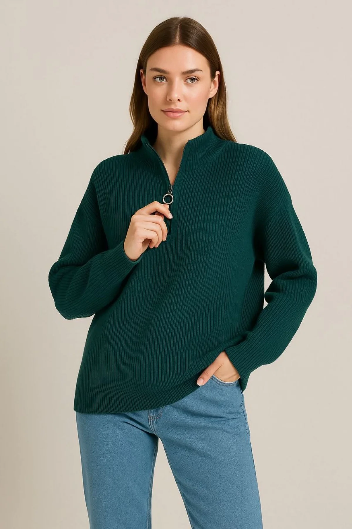 KADIN Yarım Fermuarlı Triko Kazak – Selanik Örgü, Dik Yaka, Pamuklu Dokuma, Oversize Uzun Kollu Kışlık Model - Haki