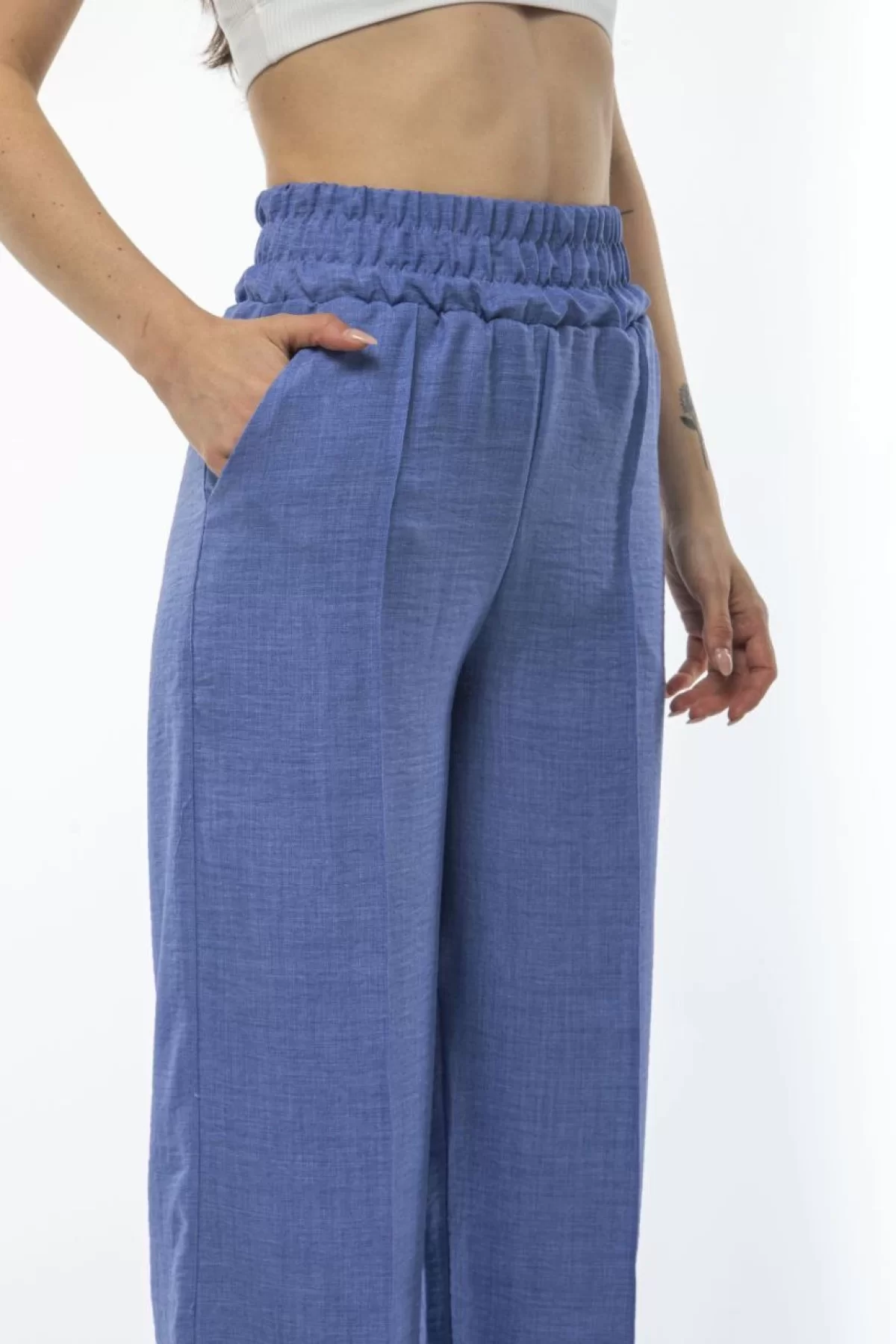 Kadın Yüksel Bel Keten Pantalon - Mavi