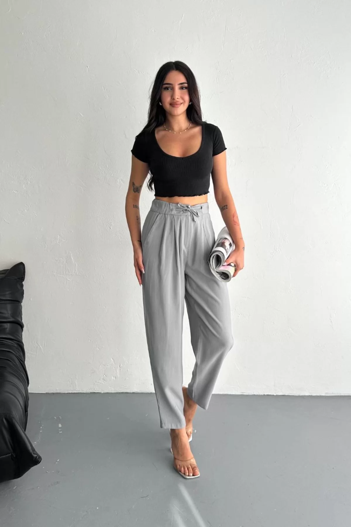 Kadın Yüksel Bel Rahat Paça Pantalon - Füme