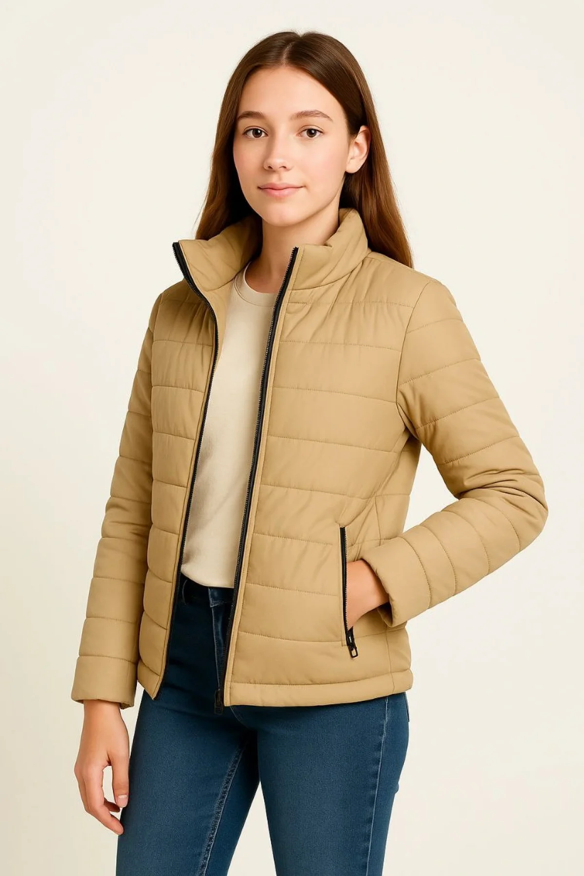 Kız Çocuk Şişme Mont Hafif ve Sıcak Tutucu Kışlık Fermuarlı Su İtici Rahat Günlük Mont Kapüşonuz Modern Tasarım - Bej