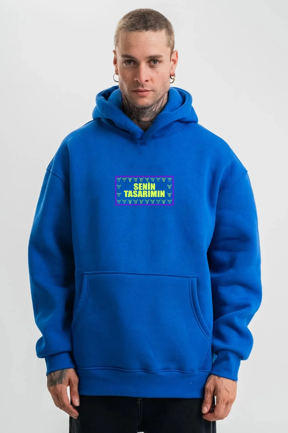 Ön Arka Kapüşonlu Premium SweatShirt - Mavi
