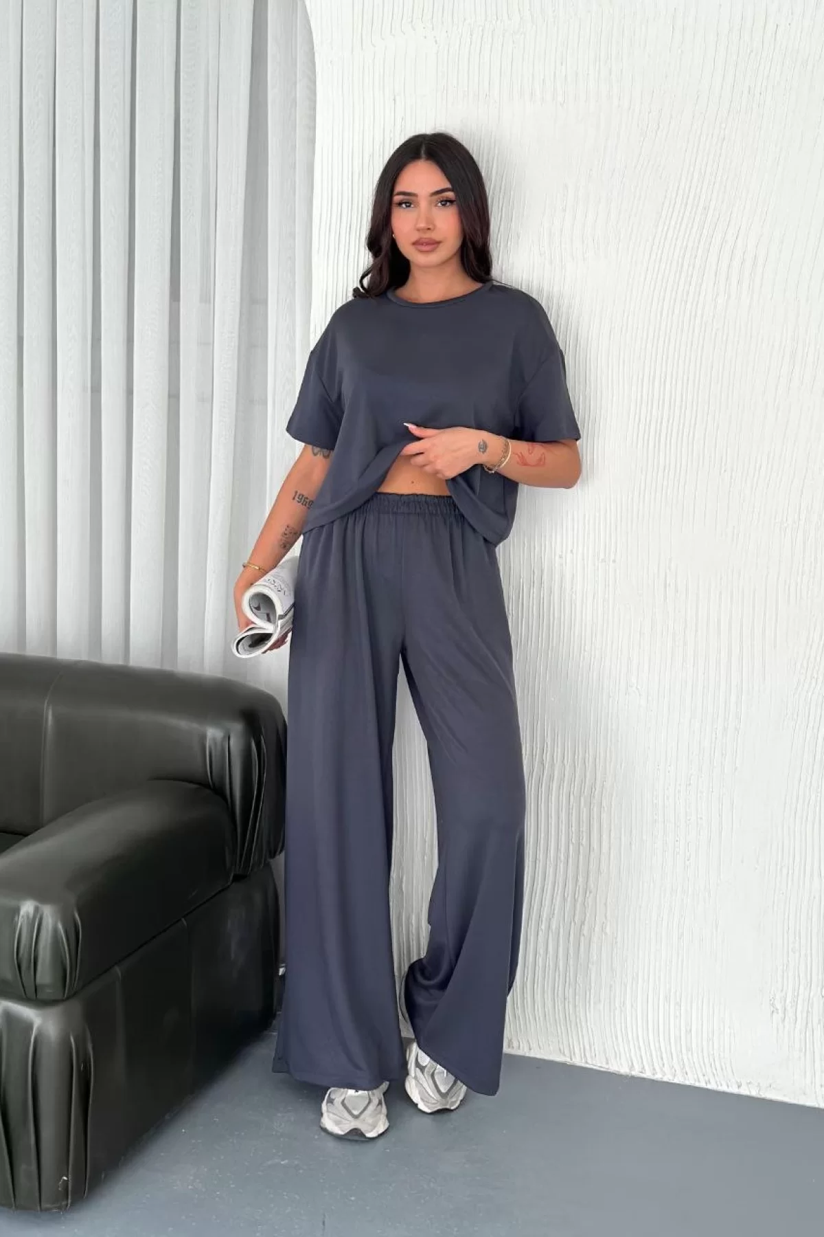 Osy Modal Yumuşak Dokulu Kumaş Bisiklet Yaka T-shirt Bol paça Pantalon ikili Takım -Antrasit