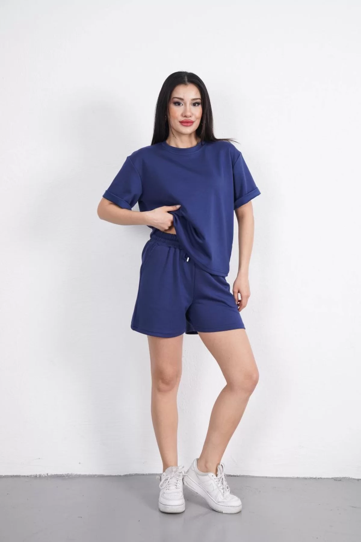 Osy Modal yumuşak dokulu Kumaş Kadın Bisiklet Yaka T-shirt Kısa Şort İkili Takım - Mavi