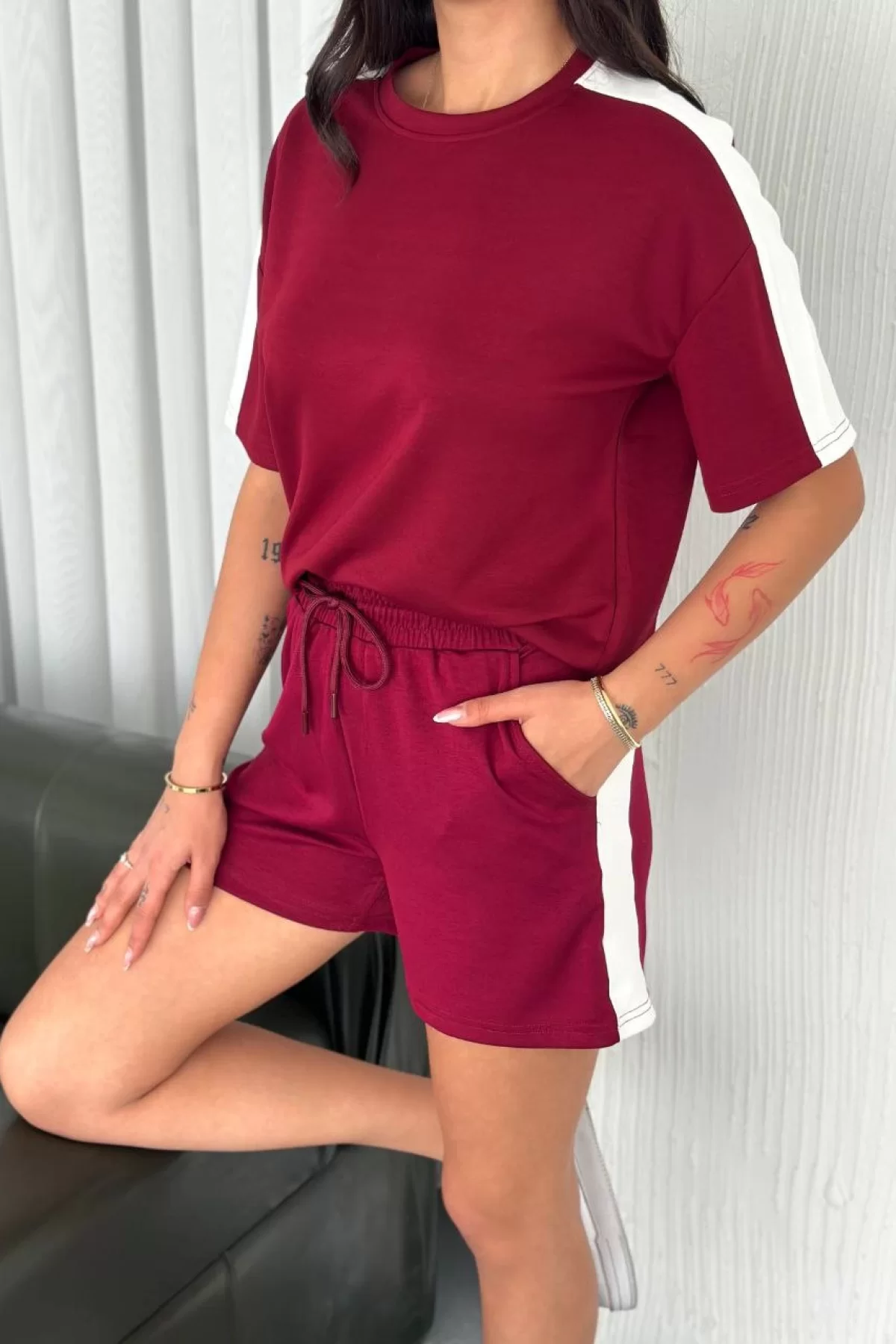 Osy Modal yumuşak dokulu Kumaş Kadın Parçalı Bisiklet Yaka T-shirt Kısa Şort İkili Takım -  Bordo