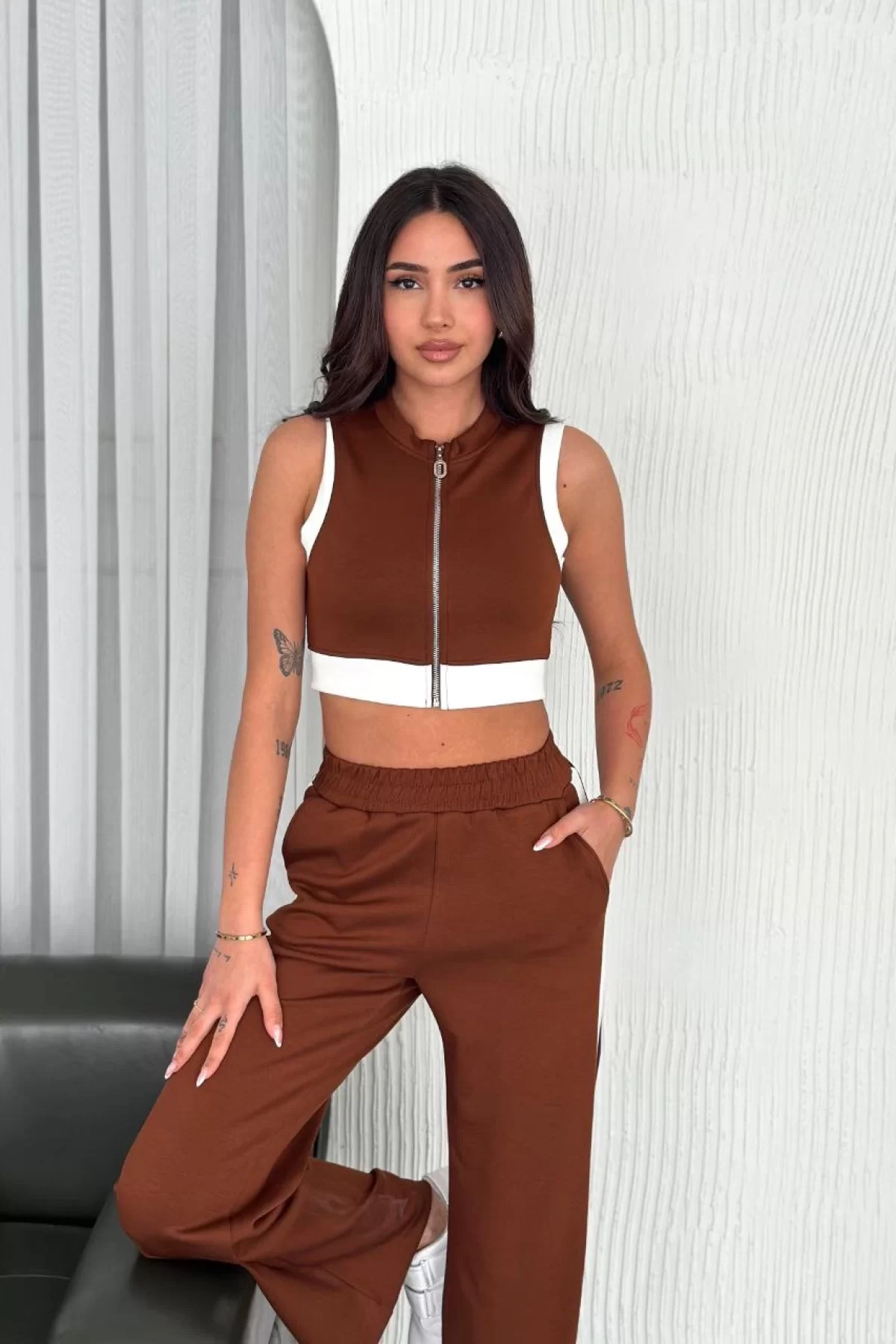 Osy Modal Yumuşak Dokulu Kumaş Tam Fermuarlı Crop Pantalon İkili Takım - Kahverengi