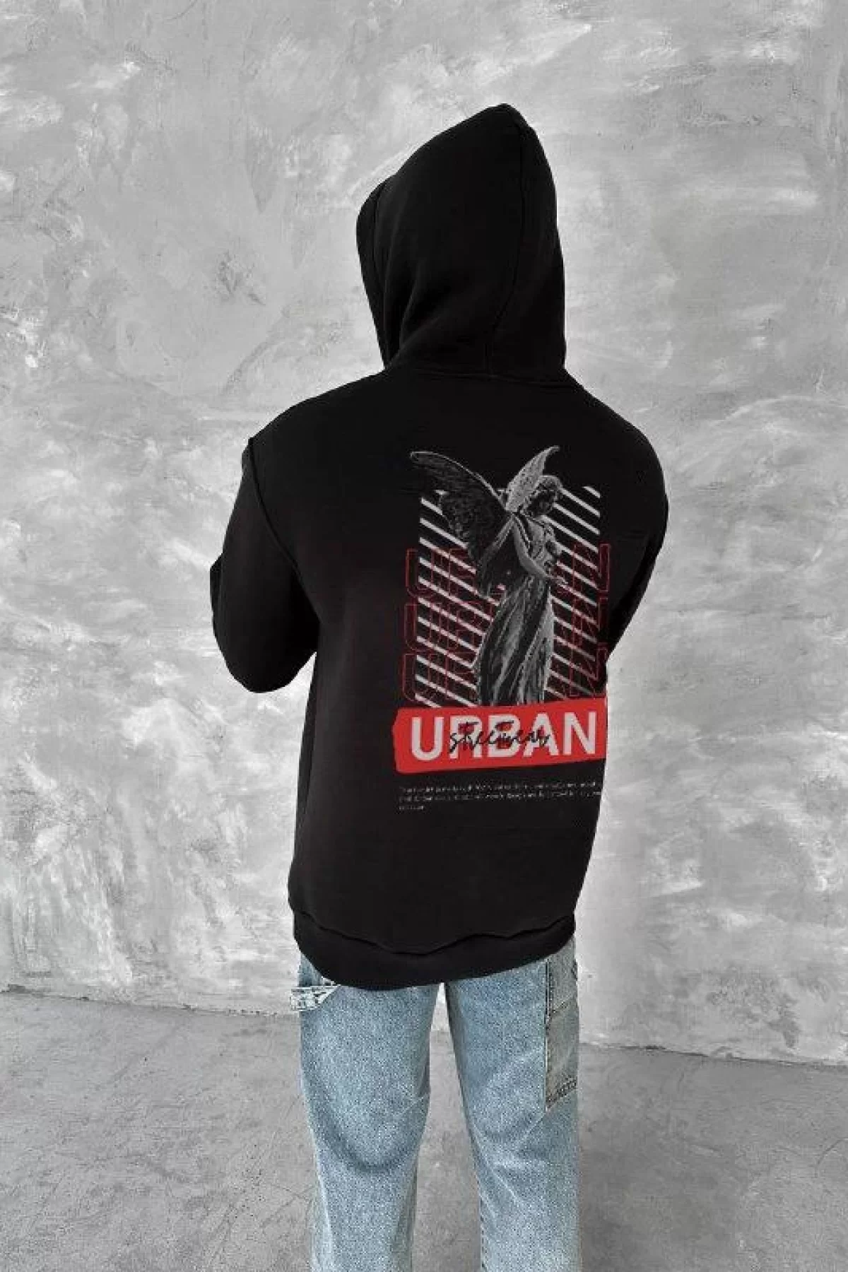 Oversize Üç İplik Kapşonlu SweatShirt - Siyah