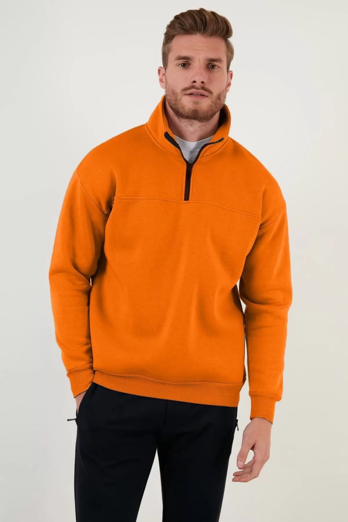 Oversize Yarım Farmuarlı Yakalı Basic SweatShirt - Turuncu