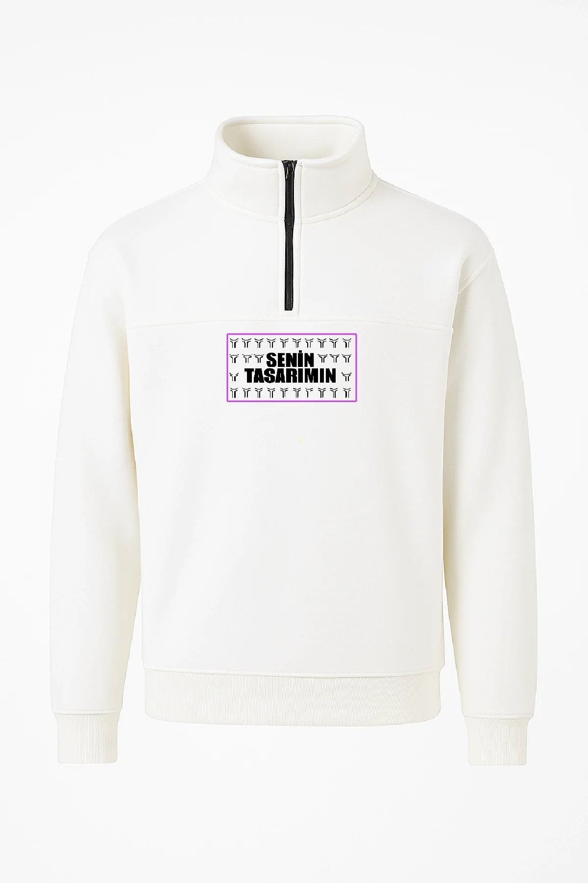 Yarım Fermuarlı Oversize Yakalı Basic SweatShirt - Beyaz