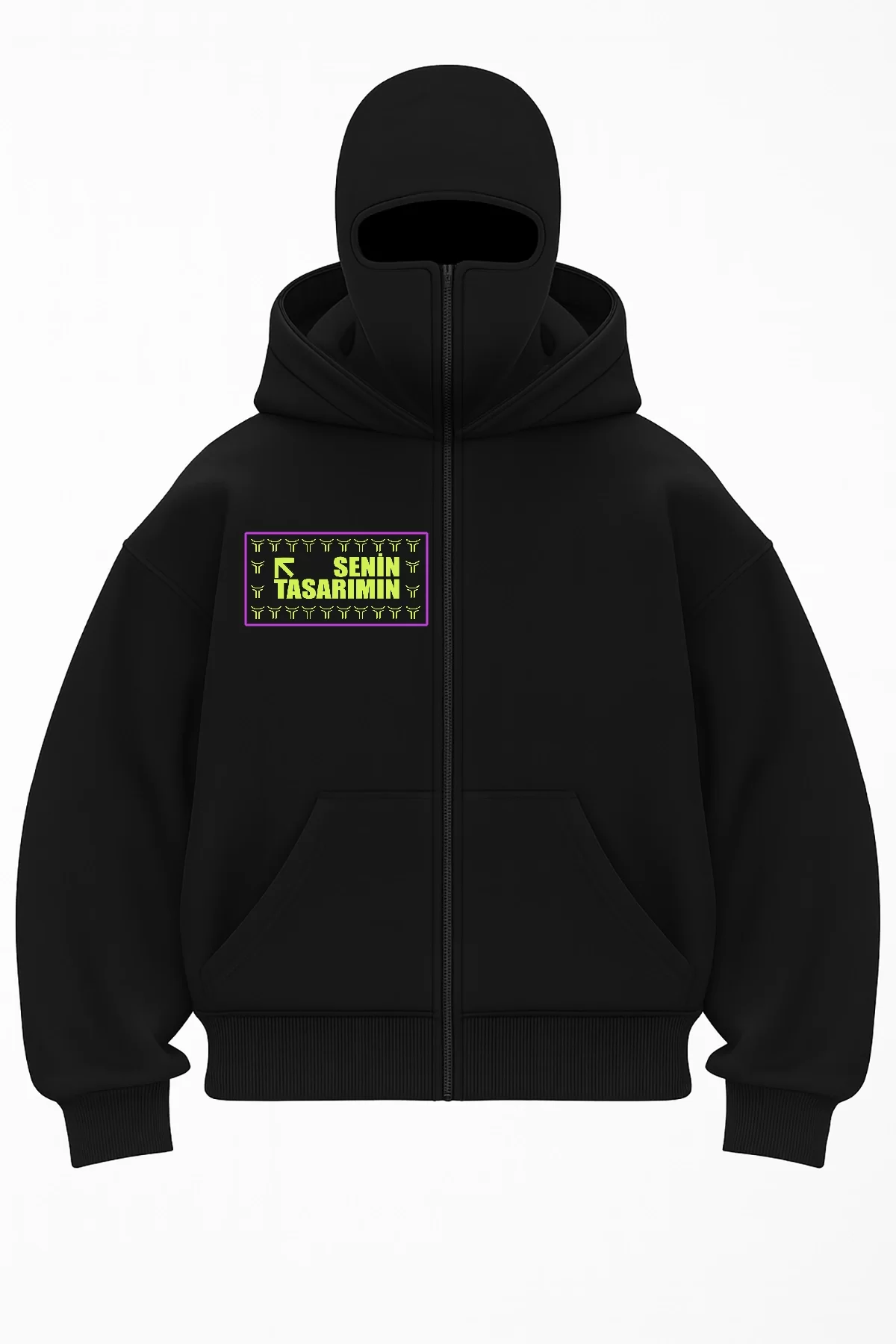 Samuray Kapüşonlu ZIP Fermuarlı Kapüşonlu Ön Sizin Tasarımınız SweatShirt - Siyah