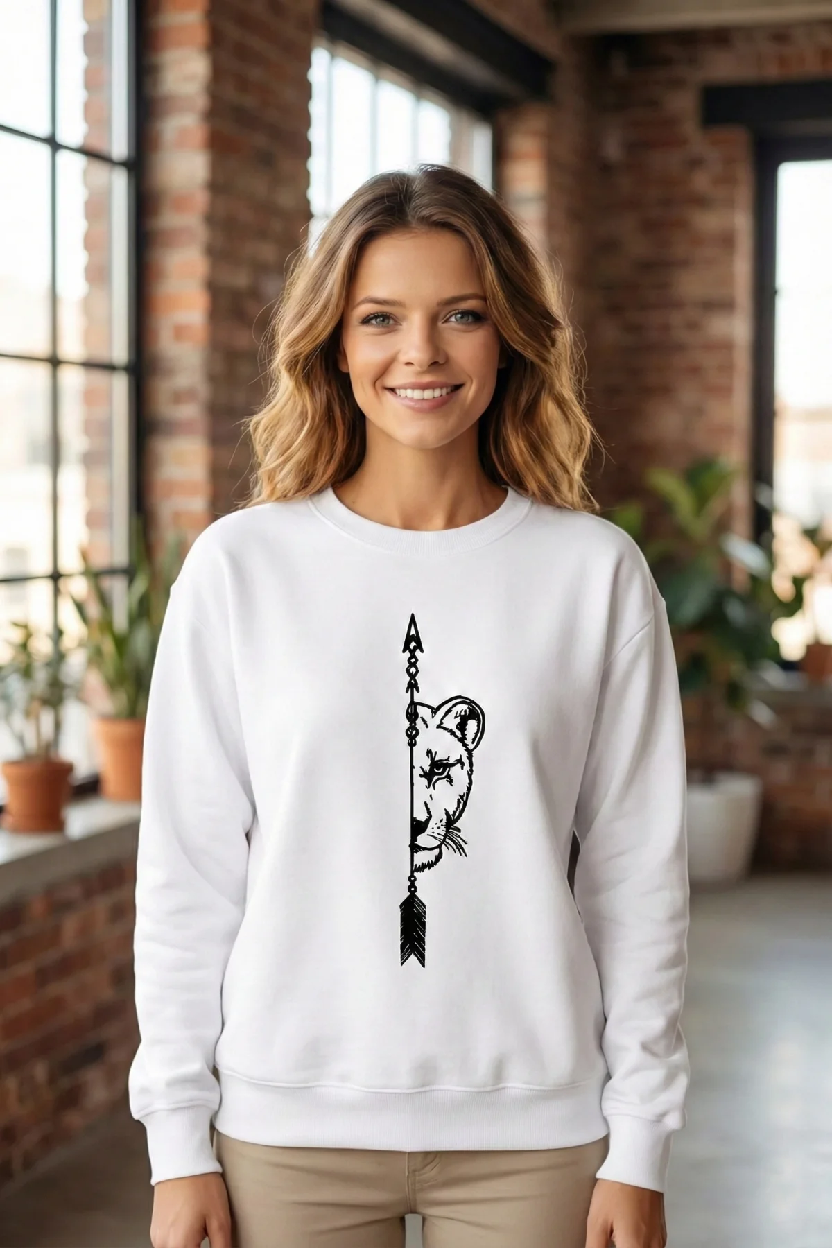 Sevgililer Günü Özel Bisiklet Yaka Aslan Baskılı Oversize Sweatshirt - Beyaz