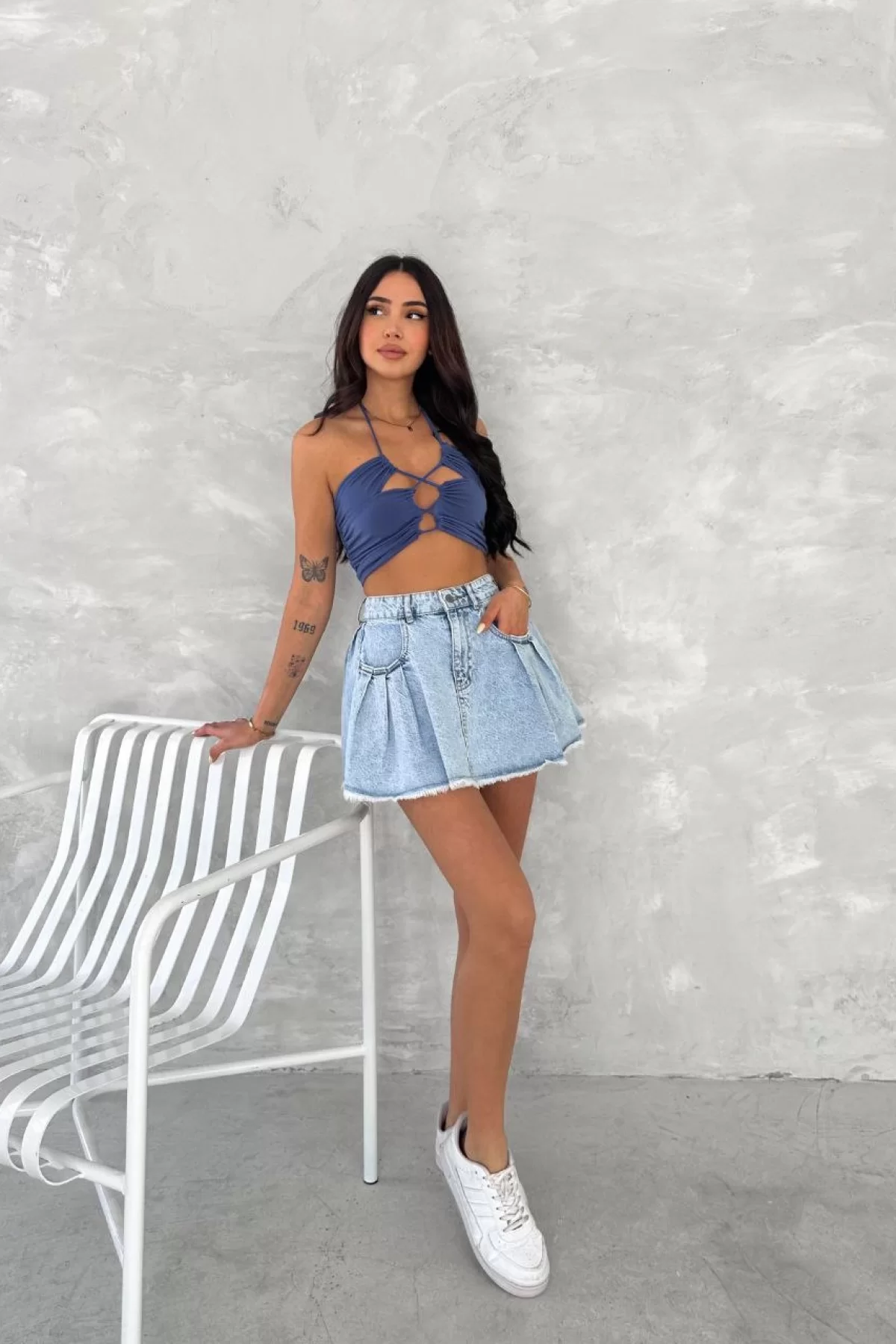 Şık Pileli Yazlık Mini Etekli Kot- Açık Mavi