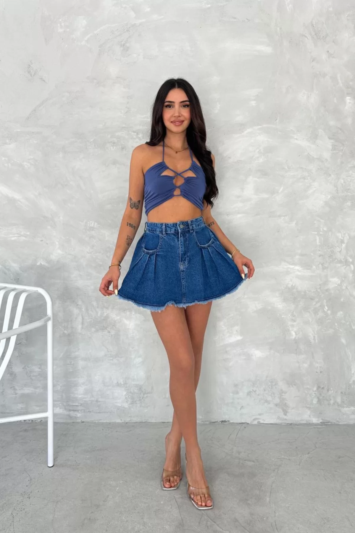 Şık Pileli Yazlık Mini Etekli Kot- Saks Mavisi