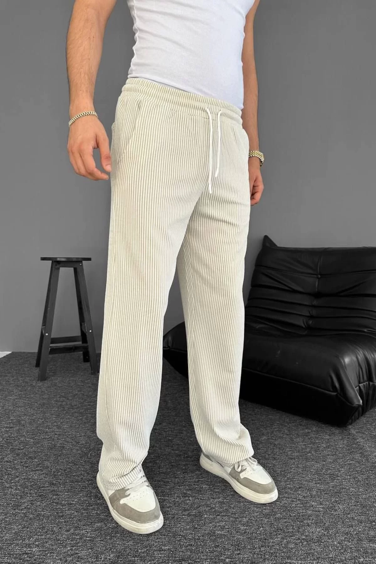 Su Yolu Çizgili Cepli Pantalon Yazlık - Bej