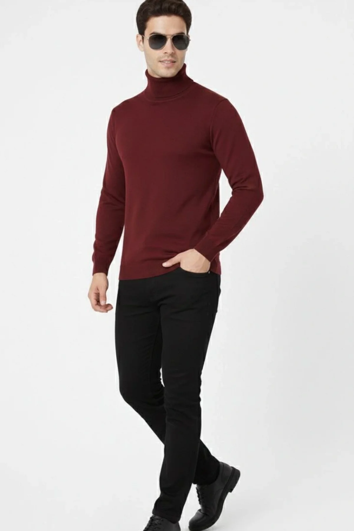 Tam Boğazlı Balıkcı Yaka Triko Kazak yumuşak dokulu Pamuklu ince Dokuma, uzun kollu Rahat Regular kalıp - Bordo