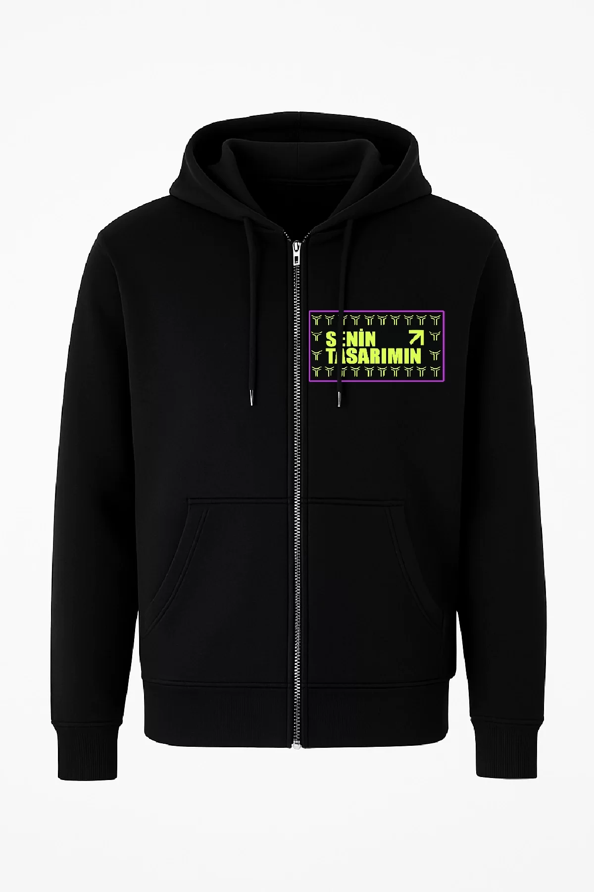 Tam Fermuarlı Kapüşonlu Ön Sizin Tasarımınız SweatShirt - Siyah
