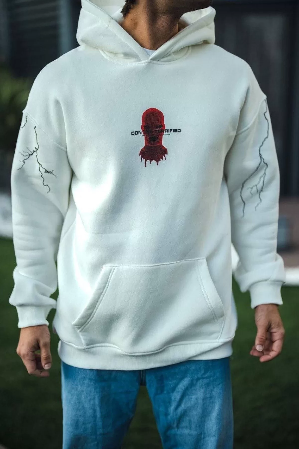 Üç İplik Kapşonlu Baskılı Oversize SweatShirt- Beyaz