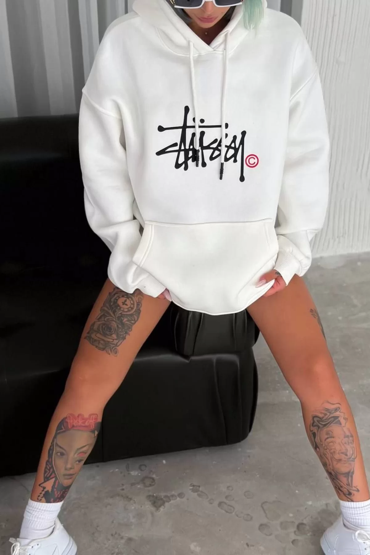 Üç İplik Kapşonlu Baskılı SweatShirt - Beyaz