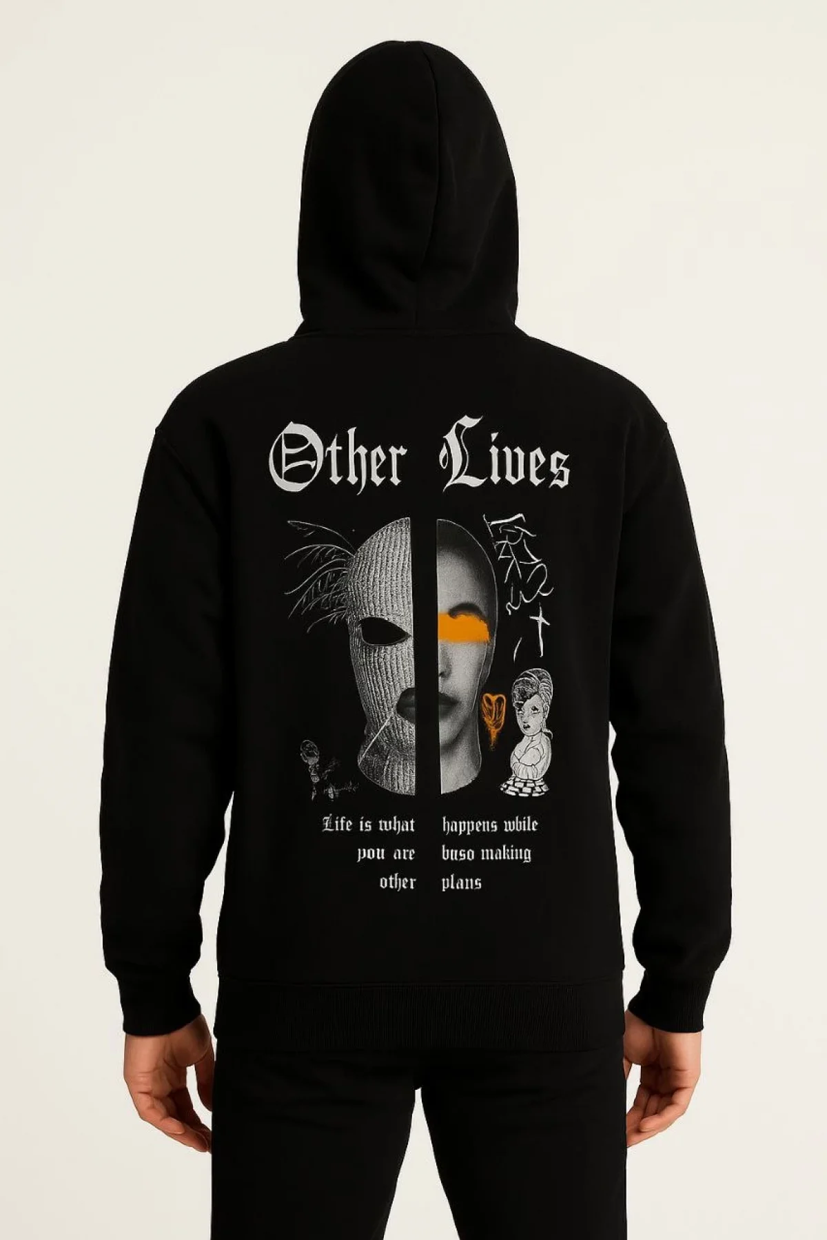 Erkek Kapşonlu Sweatshirt – Oversize Üç İplik Şardonlu Hoodie, “Other Lives” Ön & Arka Baskılı, Kanguru Cepli, Kışlık Rahat Günlük Stil - Siyah