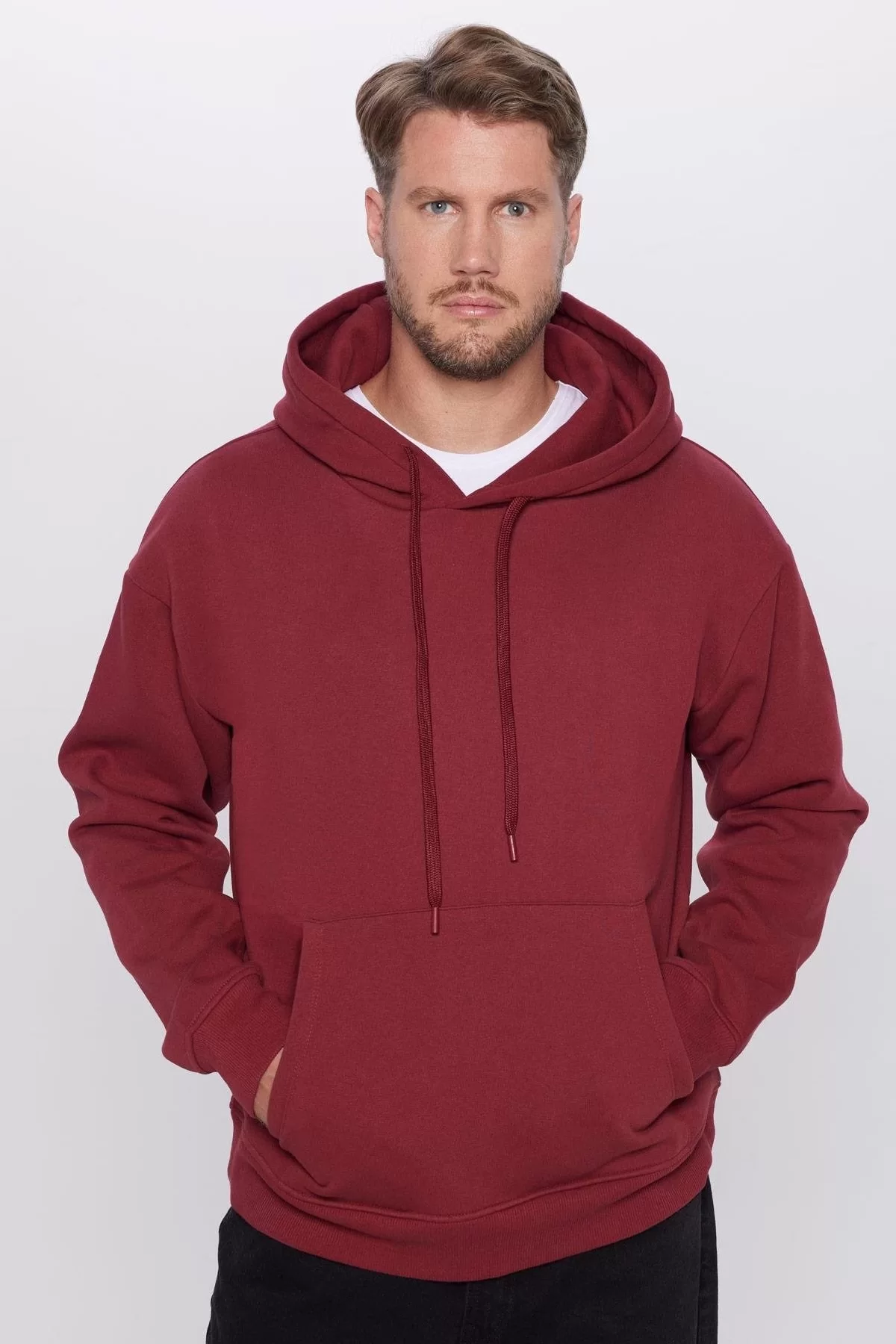 Üç İplik Penye Kapşonlu Basic SweatShirt - Bordo