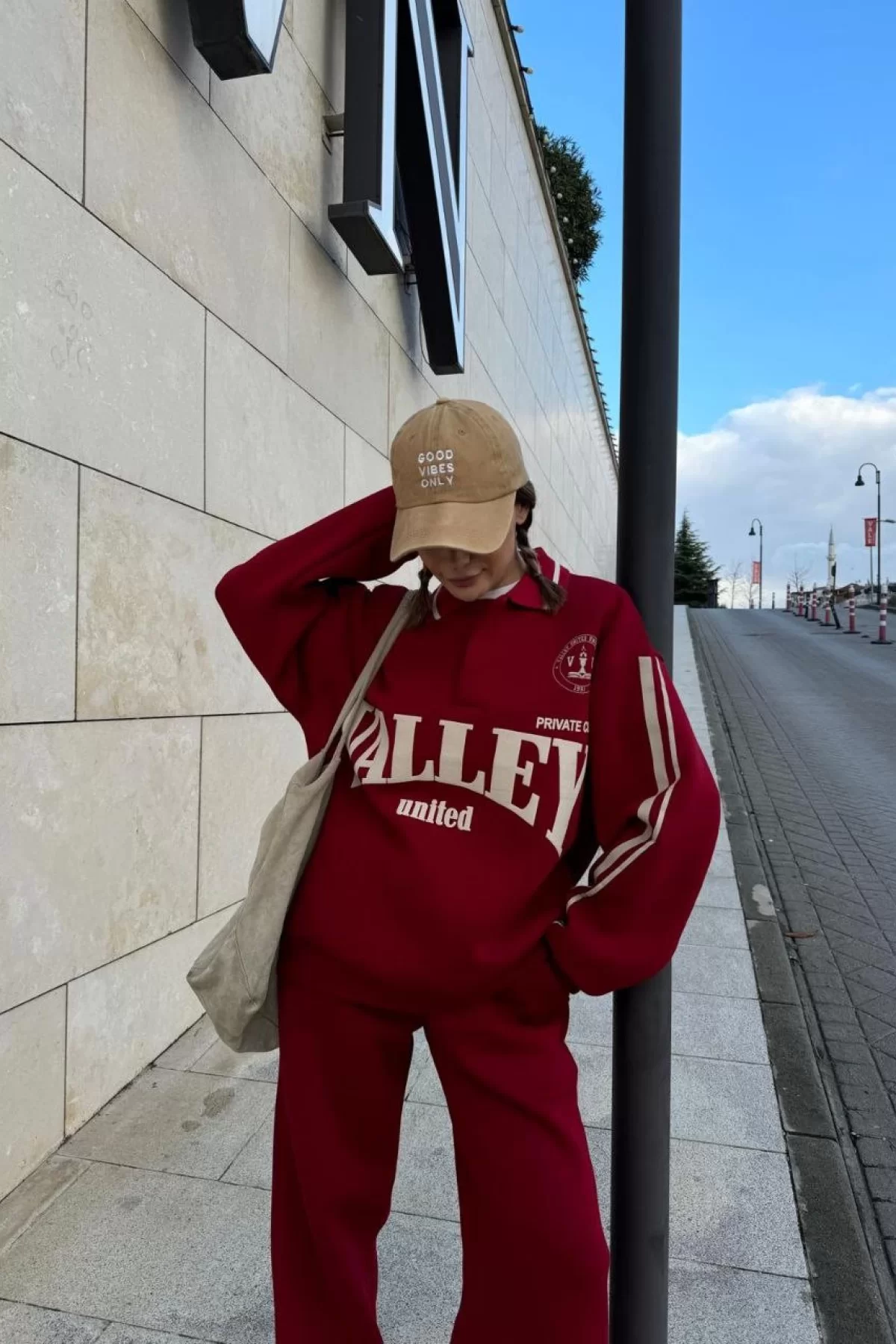 Üç İplik Yakalı Sweat Baggy Pantalonlu Takım - Bordo