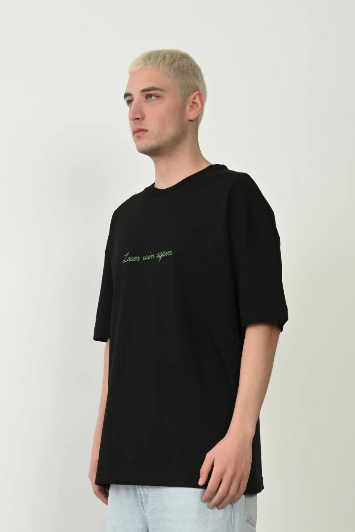 Erkek Baskılı T-Shirt Kısa Kol Bisiklet Yaka Rahat Kalıp Tişört  - Siyah