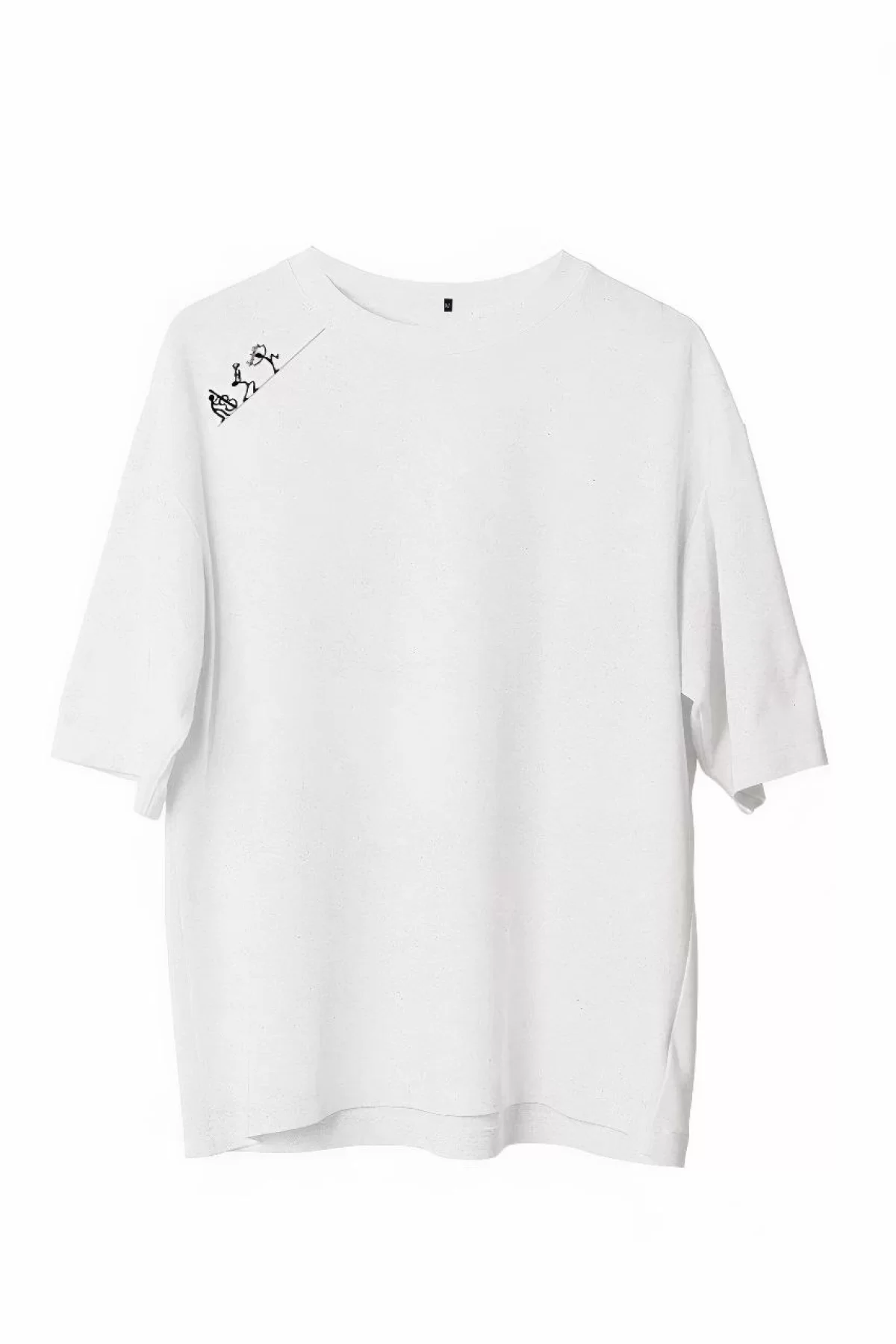 Unisex Bisiklet Yaka Baskılı Oversize T-Shirt - Beyaz