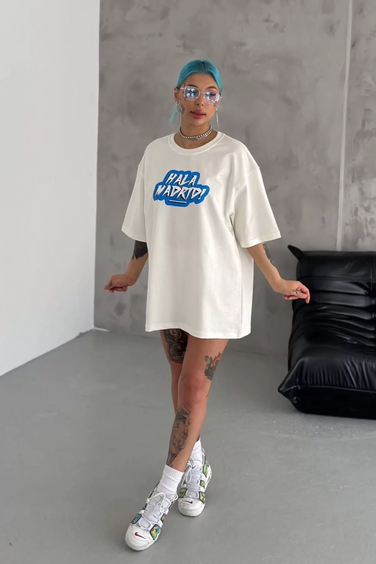 Unisex Bisiklet Yaka Baskılı Oversize T-Shirt - Beyaz