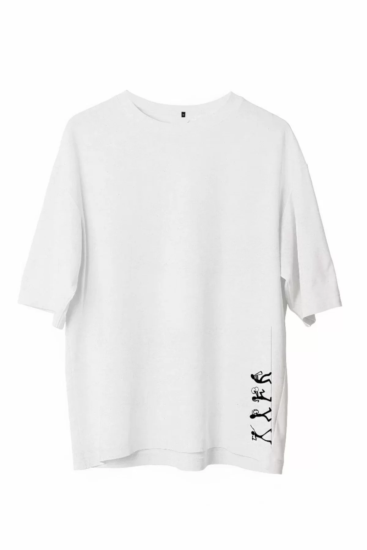 Unisex Bisiklet Yaka Baskılı Oversize T-Shirt - Beyaz