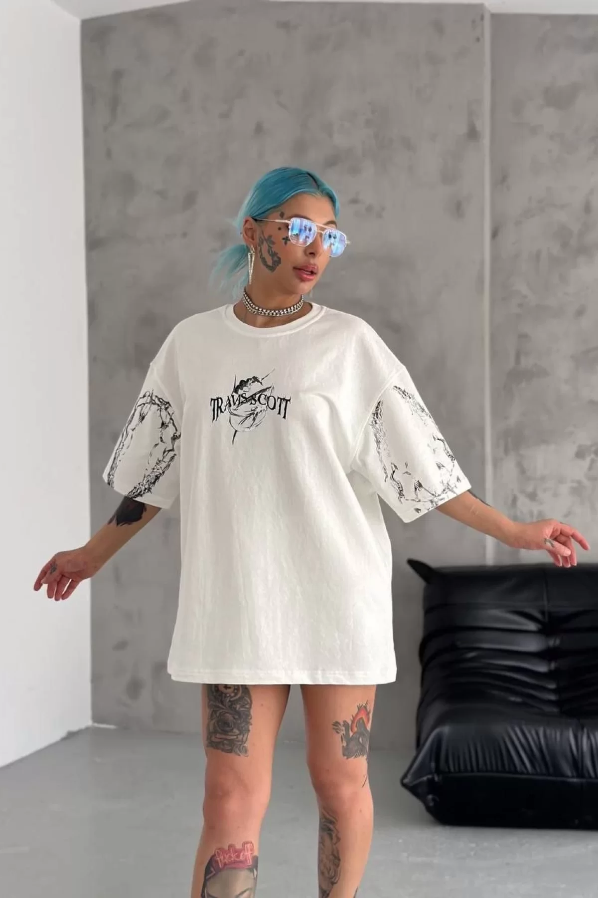 Unisex Bisiklet Yaka Baskılı Oversize T-Shirt - Beyaz