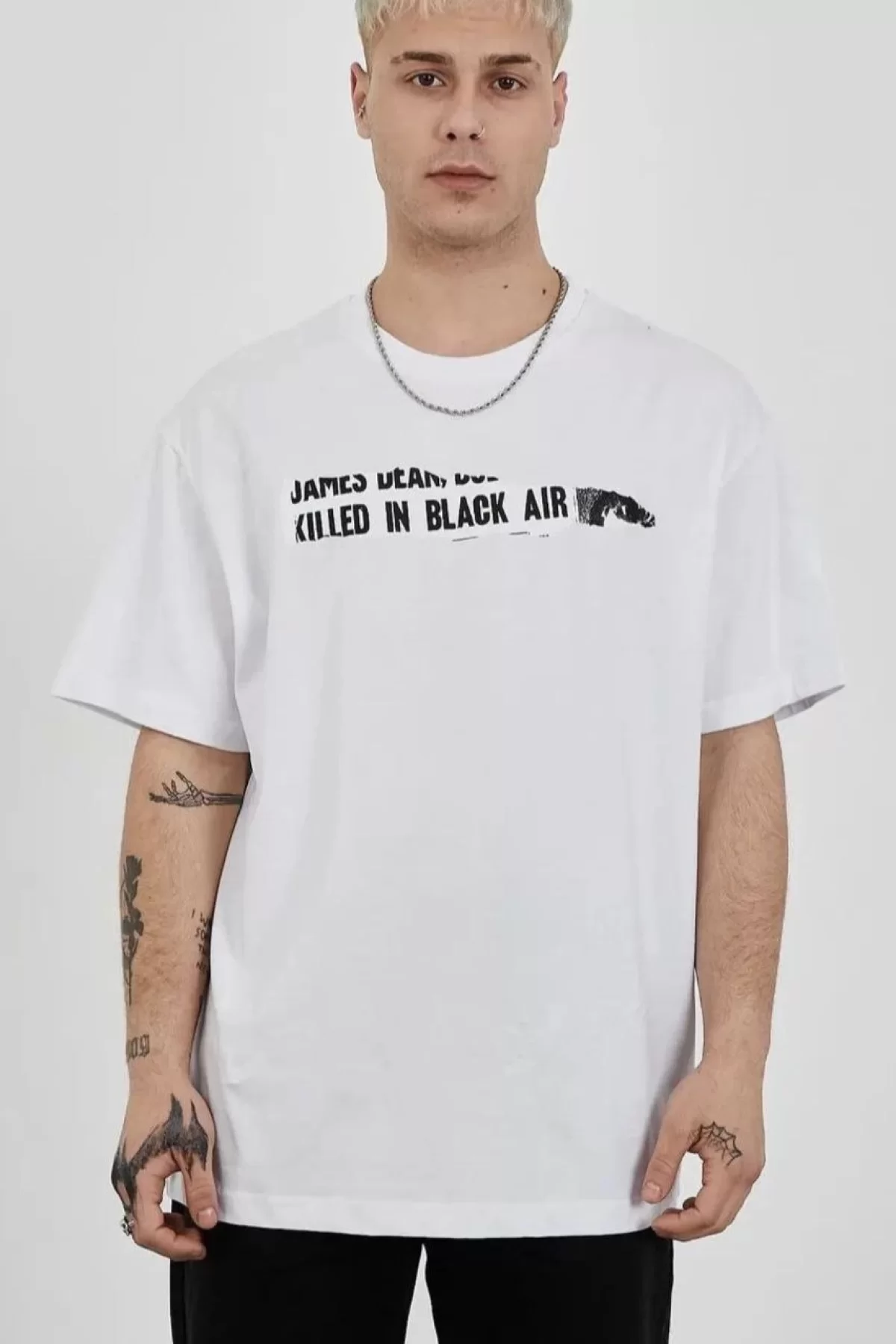 Unisex Bisiklet Yaka Baskılı Oversize T-Shirt - Beyaz