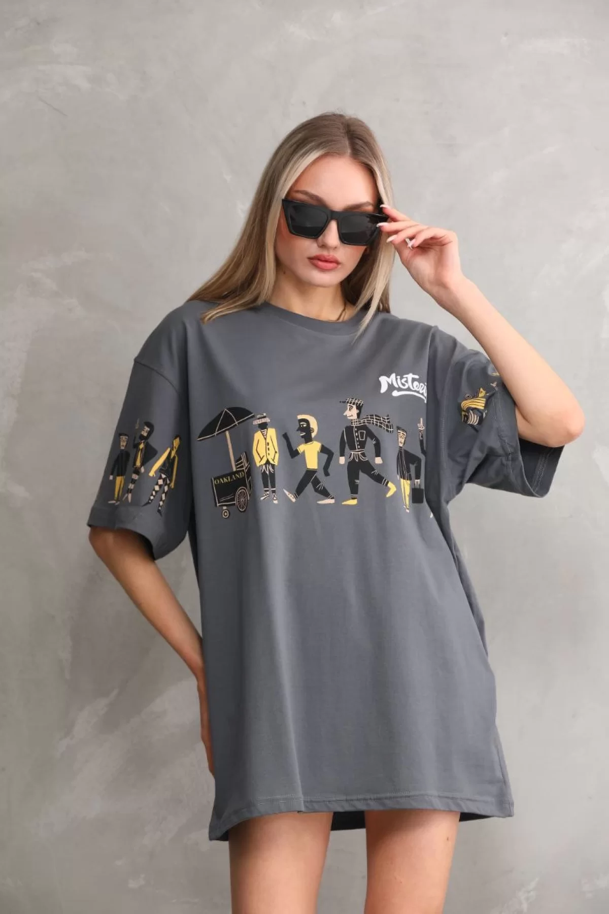 Unisex Bisiklet Yaka Baskılı Oversize T-Shirt - Gri