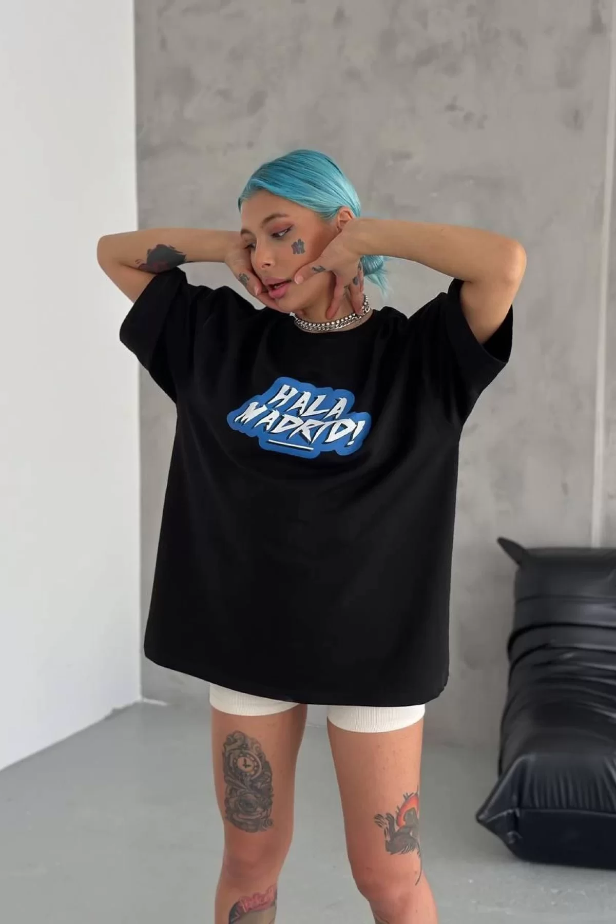 Unisex Bisiklet Yaka Baskılı Oversize T-Shirt - Siyah