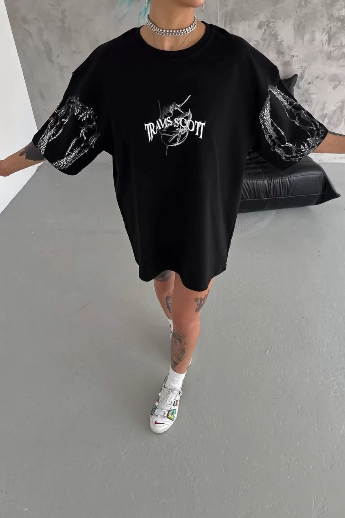 Unisex Bisiklet Yaka Baskılı Oversize T-Shirt - Siyah