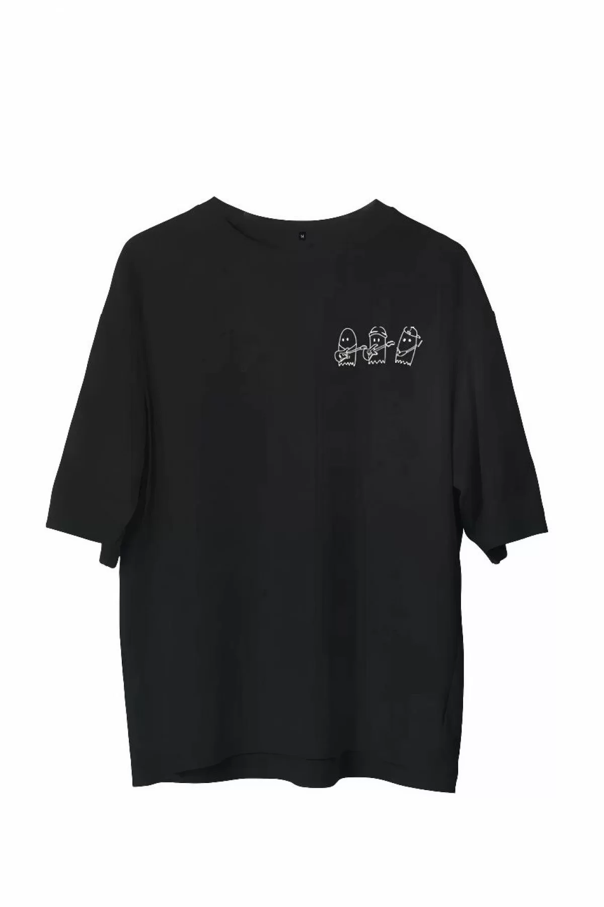 Unisex Bisiklet Yaka Baskılı Oversize T-Shirt - Siyah