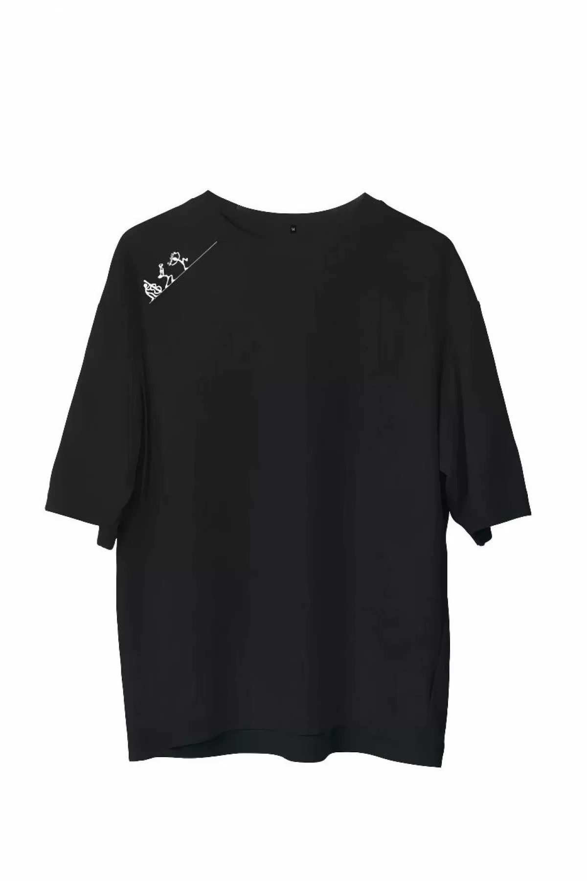 Unisex Bisiklet Yaka Baskılı Oversize T-Shirt - Siyah