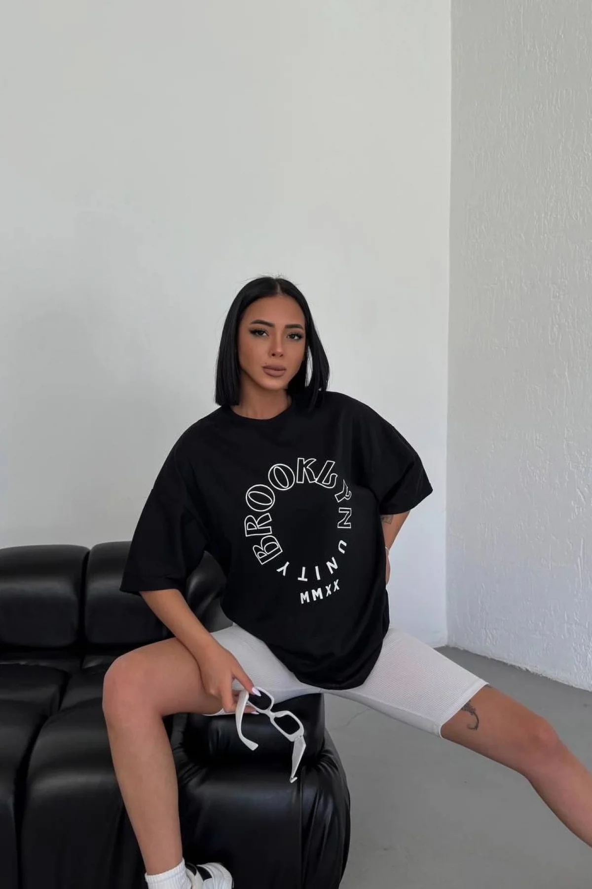 Kadın Baskılı T-Shirt Kısa Kol Bisiklet Yaka  Ovarsize Rahat Kalıp Günlük Tişört - Siyah