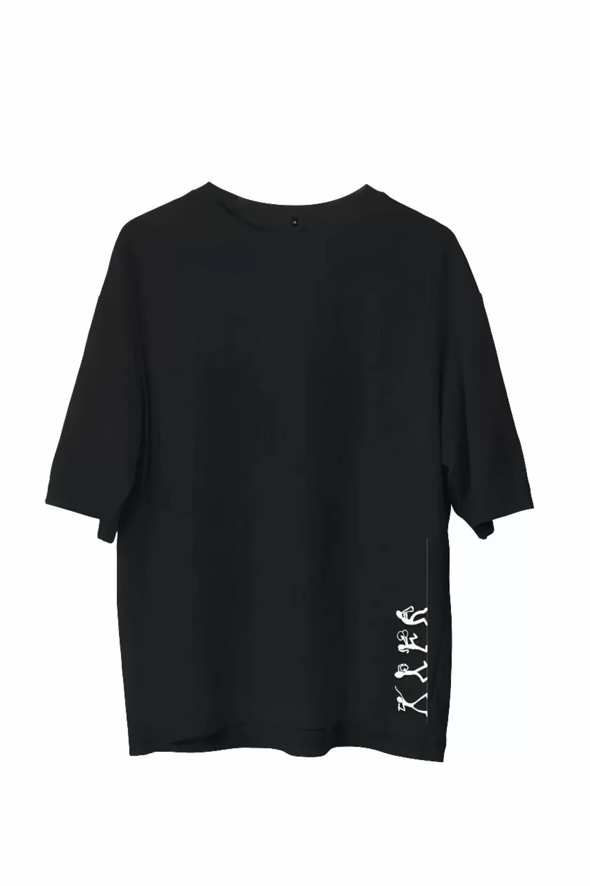 Unisex Bisiklet Yaka Baskılı Oversize T-Shirt - Siyah