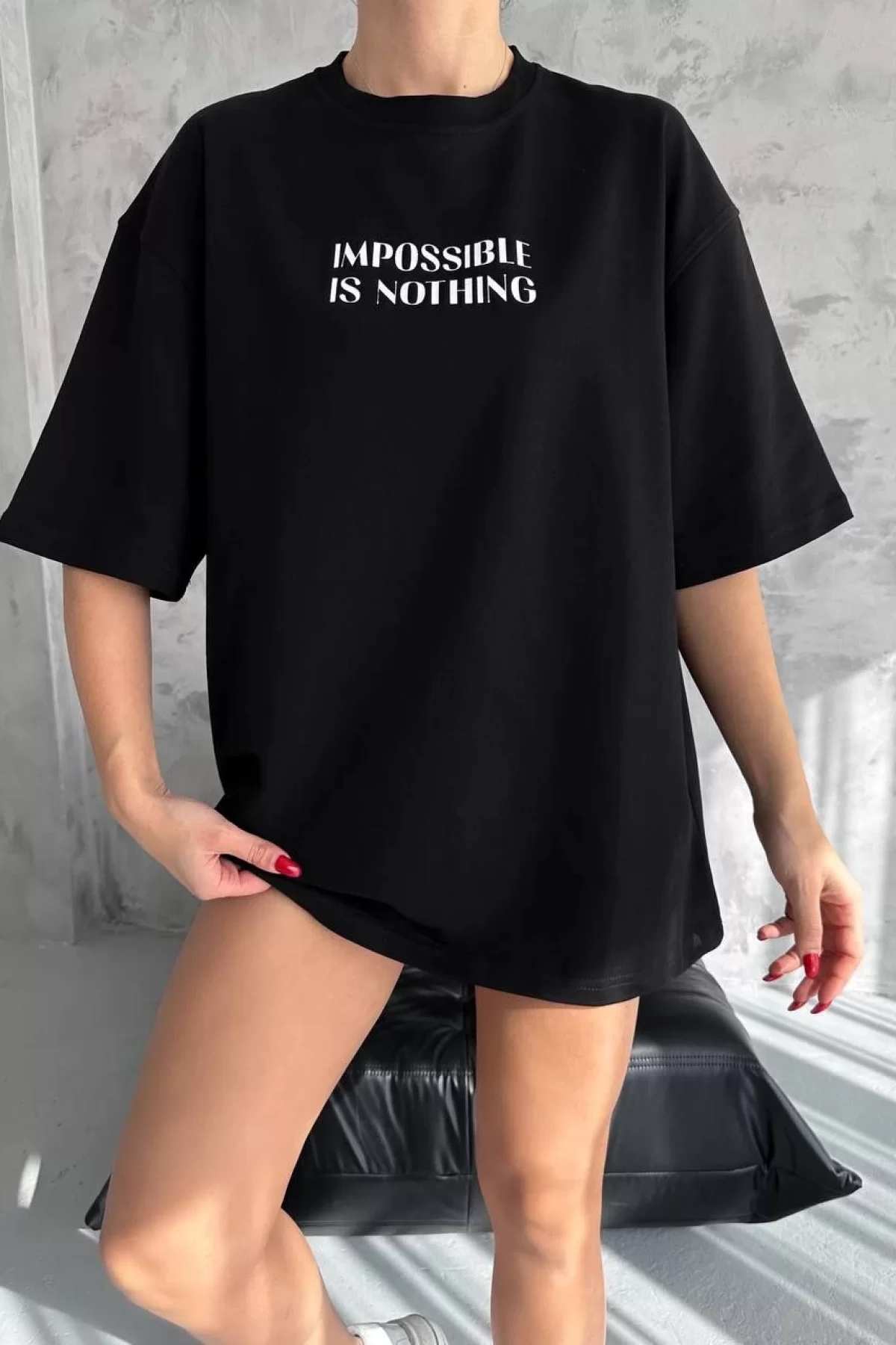 Unisex Bisiklet Yaka Baskılı Oversize T-Shirt - Siyah