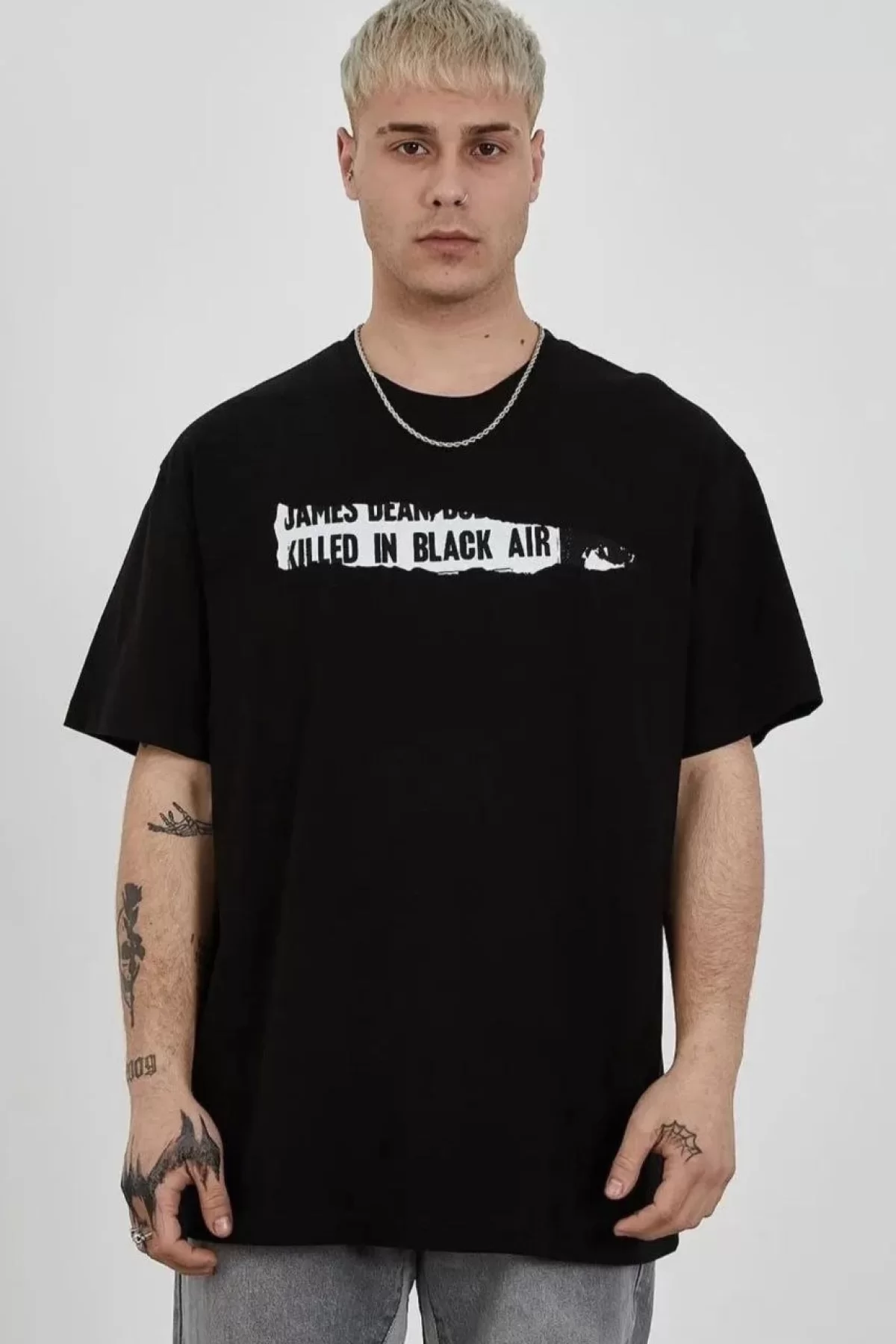 Unisex Bisiklet Yaka Baskılı Oversize T-Shirt - Siyah